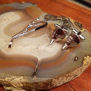 Men's silver tone golf tie clip & cuff links GUC
